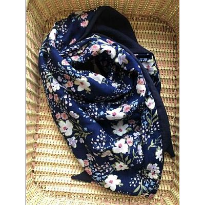 Foulard Suzie - Foulard Créateur Femme – Petite Série – Coton & Viscose – Bleu Marine / Floral